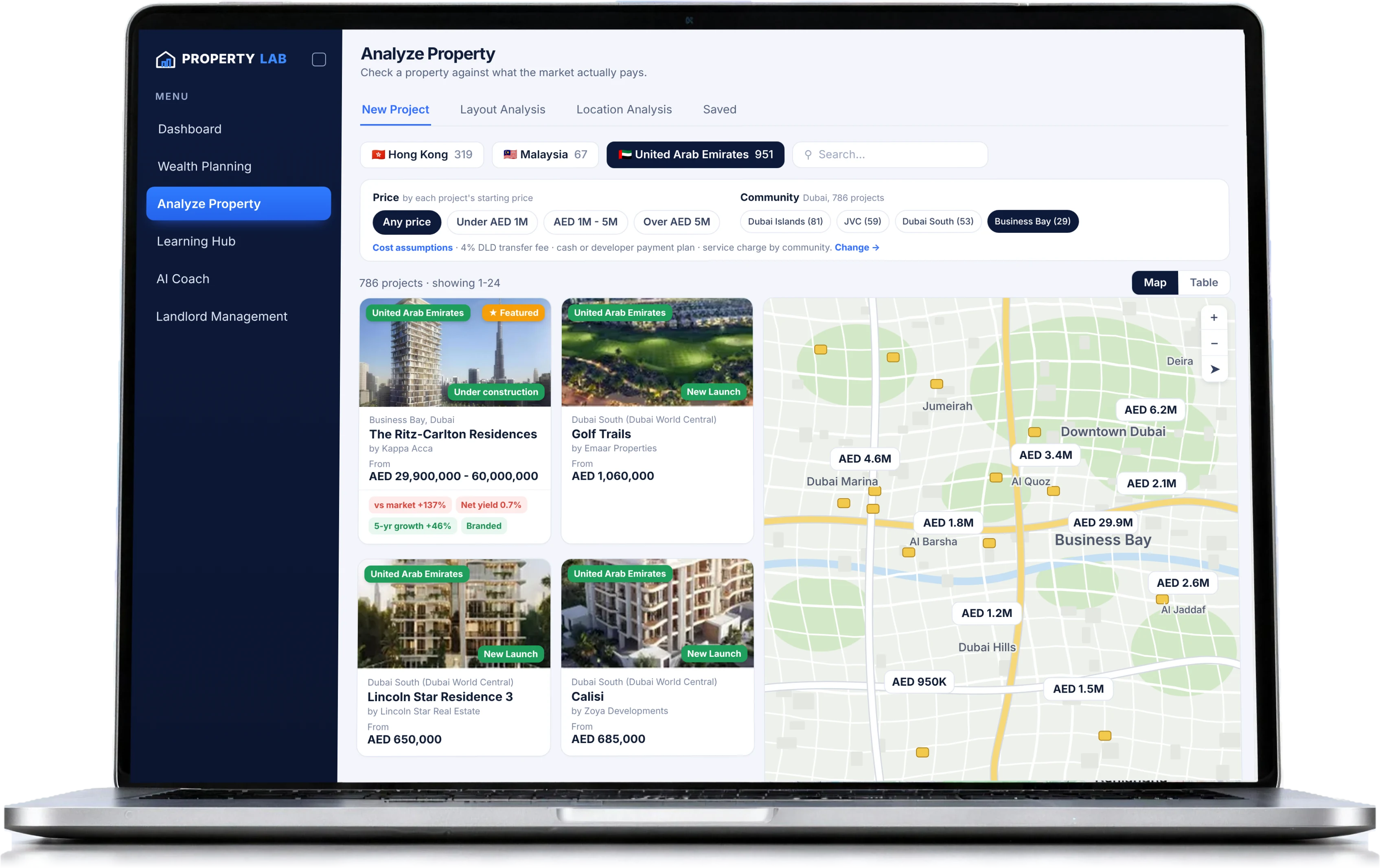 PropertyLab Analyze Property screen on an open laptop