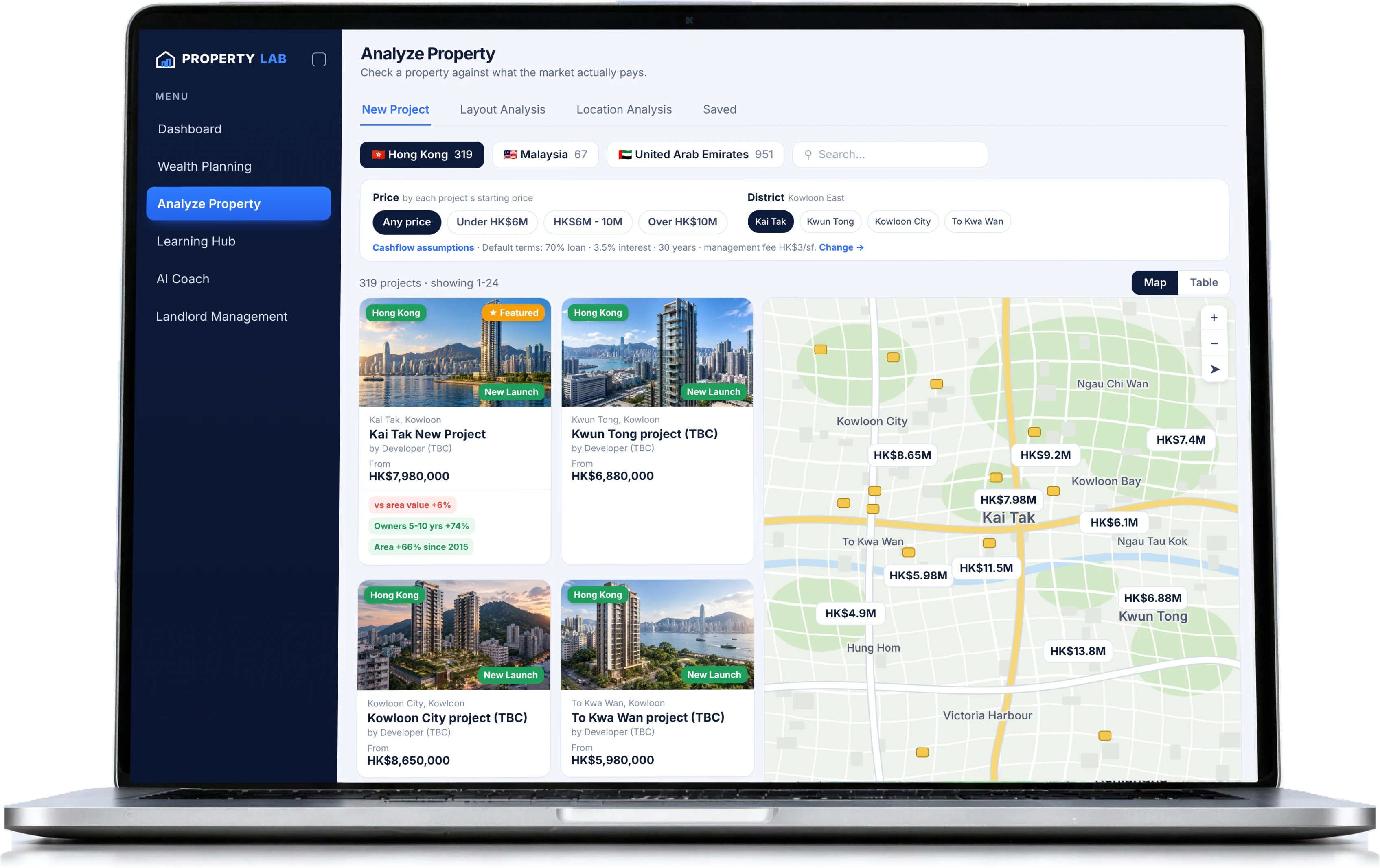 PropertyLab Analyze Property screen on an open laptop